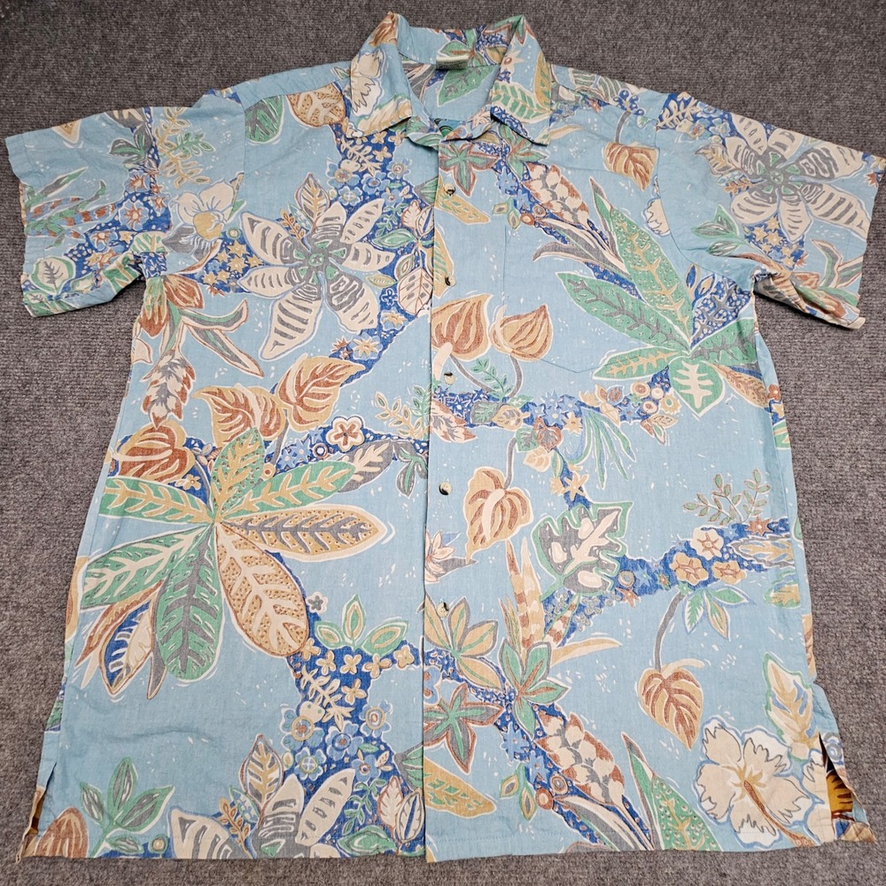Go Barefoot Button Up Shirt Mens XL Tall Hawaiian Floral Blue Reverse Print USA